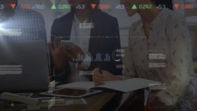 team reviewing business data at desk, featuring floating digital pie charts and bar graphs. Collaboration, analytics, workplace, technology, teamwork, innovation, professional - Powered by Shutterstock - Get 15% off with code: PIKWIZARD15