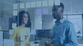 Woman writing on glass and man gesturing initiating data network visualizing business metrics. Collaboration, innovation, technology, data visualization, teamwork, digital interface, workplace - Powered by Shutterstock - Get 15% off with code: PIKWIZARD15