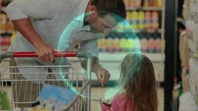 Man pushing cart in grocery aisle, activating AR graphics assisting child exploring green pepper. Supermarket, family, technology, interaction, education, shopping, digital - Powered by Shutterstock - Get 15% off with code: PIKWIZARD15