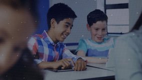 Students tapping tablet screen, generating digital circuit overlay for classroom tech learning. Education, innovation, collaboration, technology, youth, digital, teamwork - Powered by Shutterstock - Get 15% off with code: PIKWIZARD15