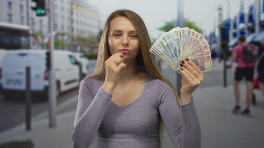 Woman holding polish zloty banknotes on a city street, making a secretive gesture, shows a thoughtful expression in an outdoor urban environment.