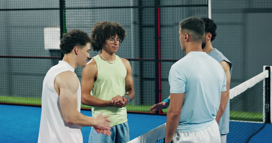 Tennis, friends and hands together for huddle for fitness, indoor court and celebration for match success. Winning, teamwork and people applause for achievement, excited or fist bump for game victory