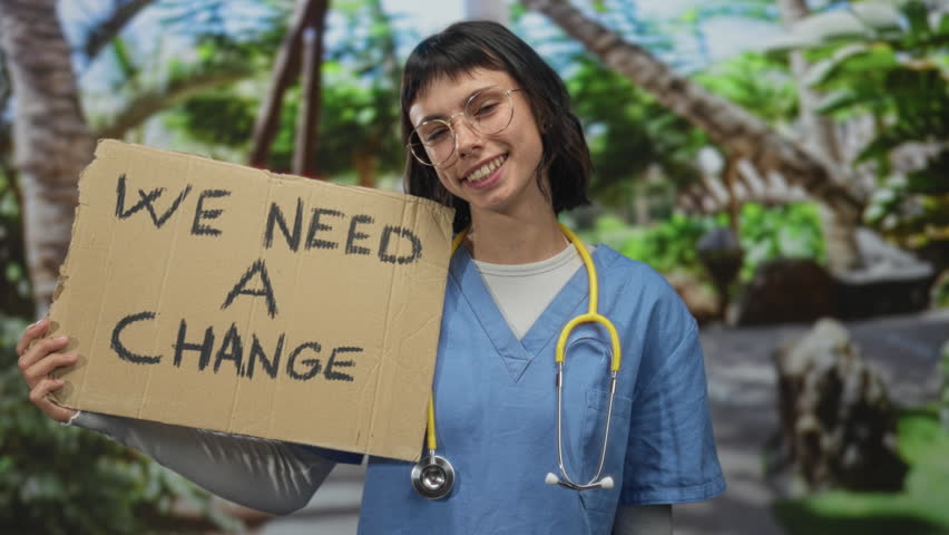 Woman doctor in blue scrubs with yellow stethoscope holding cardboard sign reading we need a change in green park; hope justice reform solidarity.