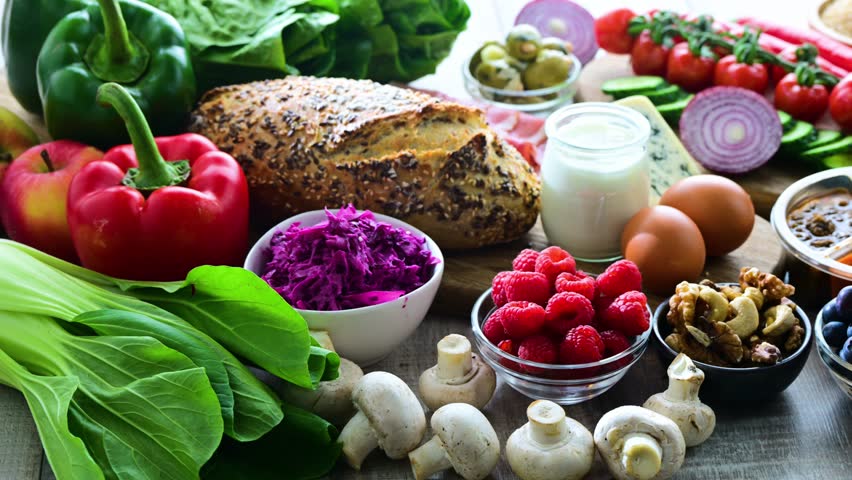 Food products representing balanced diet.
