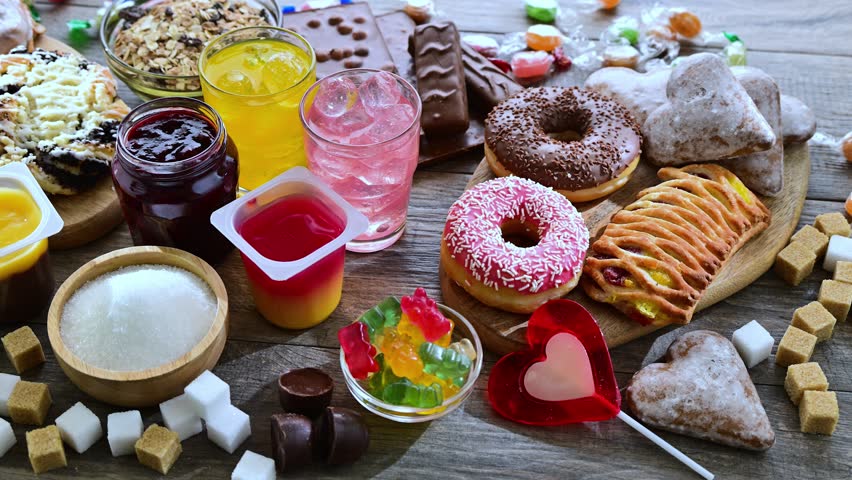 Food products containing a significant amount of sugar. Junk food.