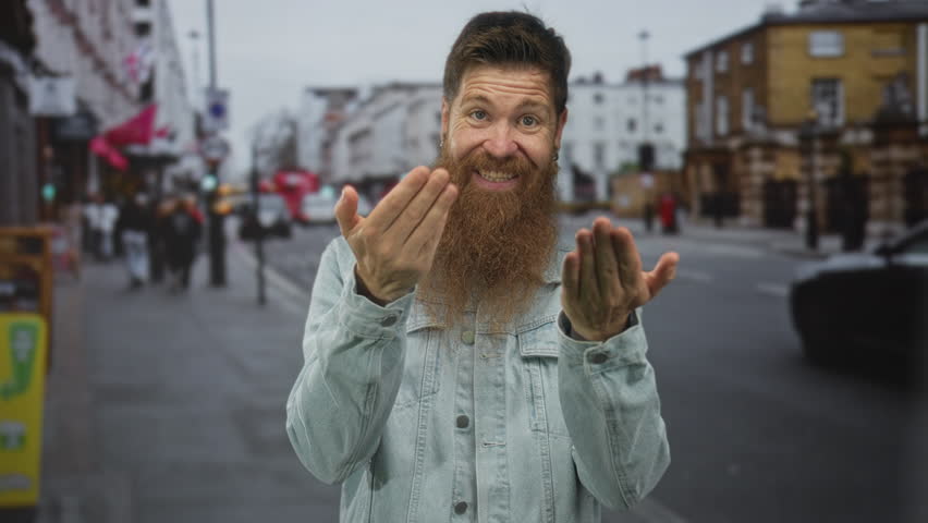 Man smiling and pointing finger on street in a light blue denim jacket with long beard and hoop earring; friendly invitation joy.