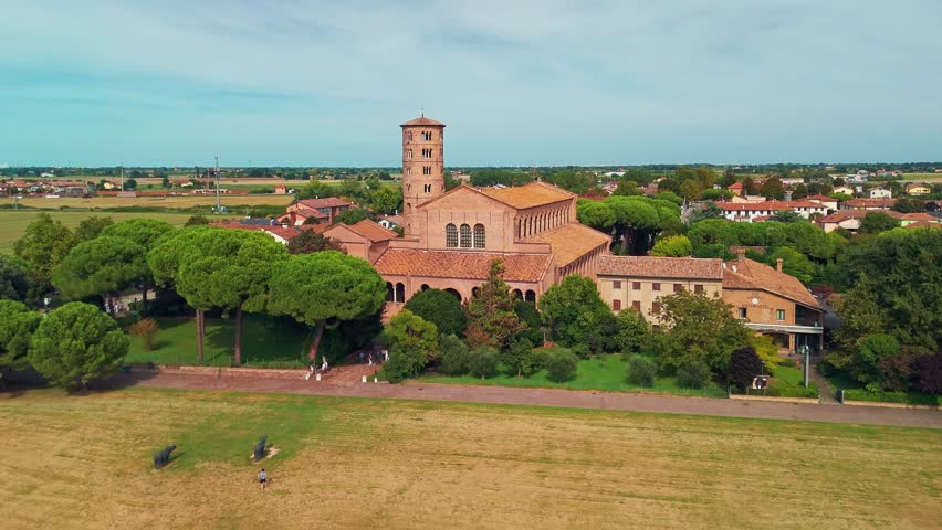 Aerial view of the Basilica of Sant Apollinare in Classe, an important monument of Byzantine art famous for its outstanding mosaics and bell tower in Ravenna, Italy.