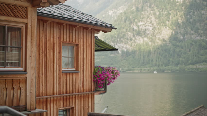 Traditional architecture of Hallstatt Austria houses. Cityscape on the lakeside in the Alps, tourist Europe.
