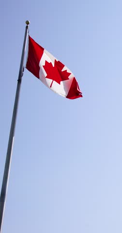 Portrait vertical footage of the Canadian flag blowing in the wind on a bright sunny day in Canada with clear blue sky in the summer time