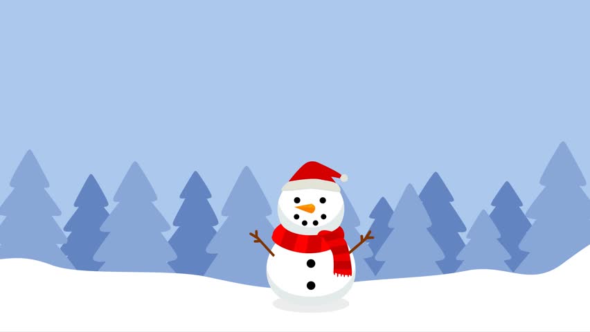 Snowfall. Snowman with hat and scarf, cartoon character. Winter season. Christmas night