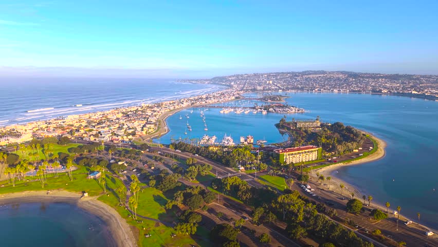 The drone aerial footage of Mission Bay, Pacific Beach at sunrise in San Diego, CA.