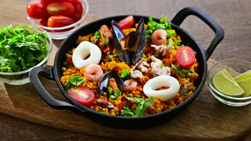 Seafood paella served in a cast iron pan.