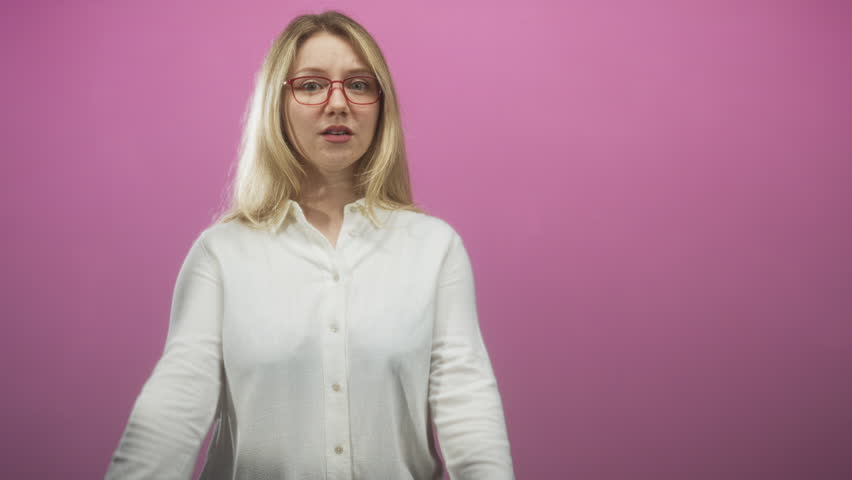 Woman with hand across mouth and other hand under chin making a silence timeout gesture, grimacing, wearing red glasses and white shirt against pink studio backdrop; disgust.
