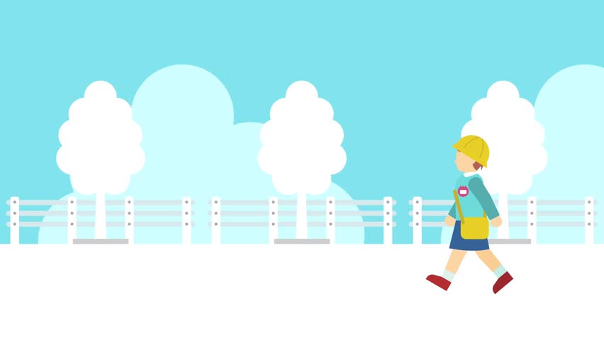Flat illustration animation: Kindergarten girl walking along a street with trees