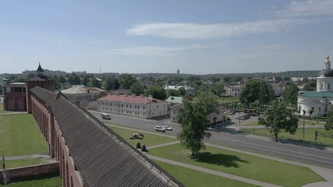 Aerial Flight along Kolomna Kremlin Wall Gate