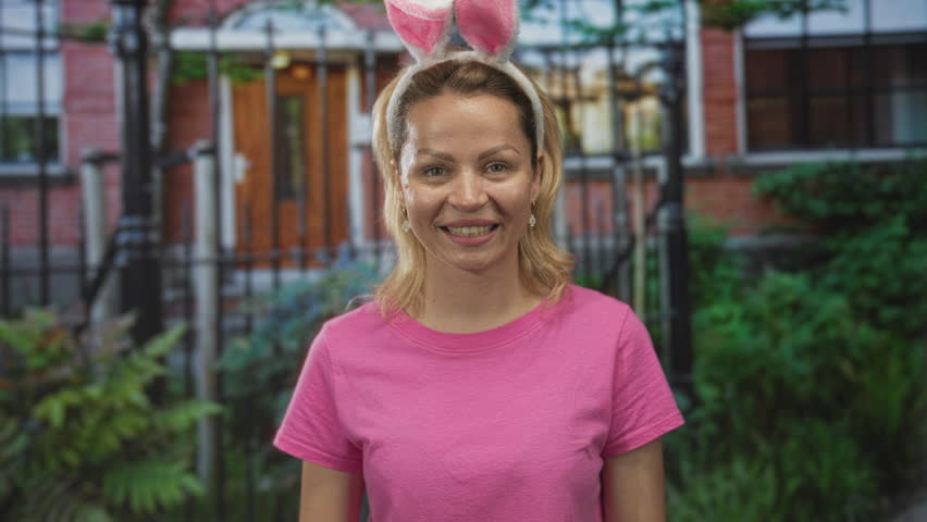 Woman wearing bunny ears holding hand on chest by a wooden front door at home entrance; warm gratitude.