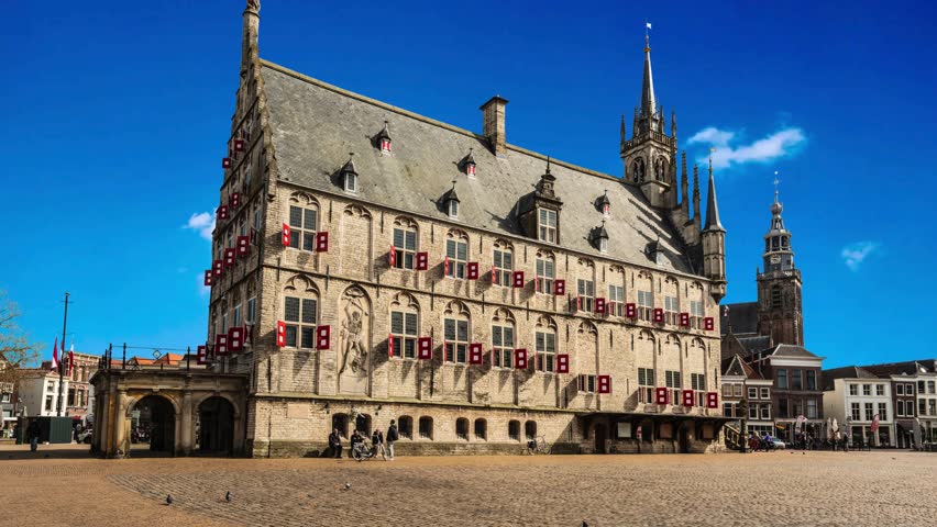 GOUDA-HOLLAND Ancient City Hall at Market Square. The city hall is built between 1448 and 1450, it is one of Gouda