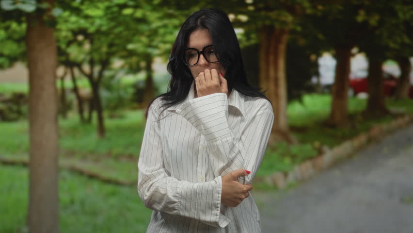 Woman with hand on chin and crossed arms in forest setting wearing glasses and striped blouse; contemplation.