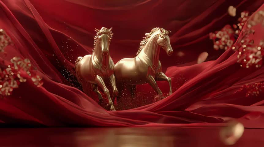 Happy Chinese New Year 2026 Year of the Horse Celebration with Golden Zodiac Wheel, Red Silk Curtains, Lanterns, and Peony Flowers Animation Background