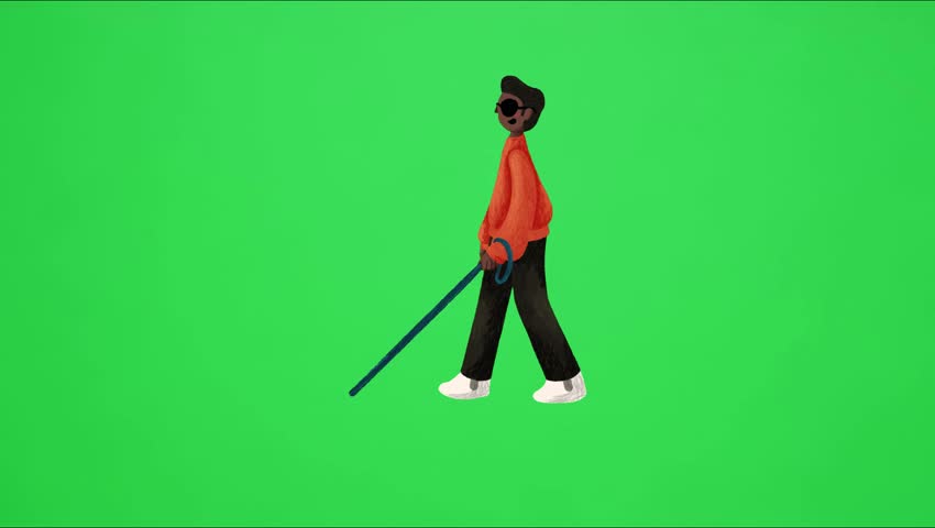 Animated person walking with cane on green screen