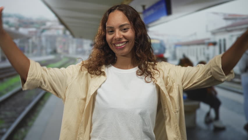 Woman with thumbs pointing to chest at station, smiling in casual beige shirt with train and tracks behind her; confidence travel.