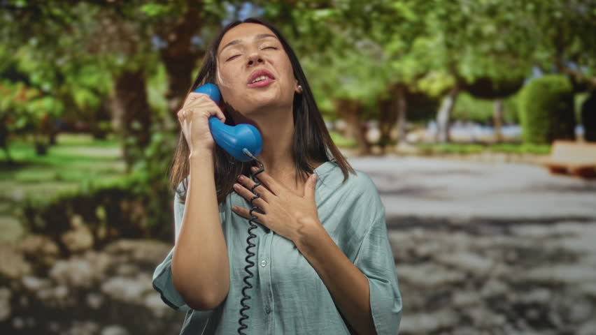 Woman holds blue telephone receiver to ear while hand rests over chest in park; gratitude connection.