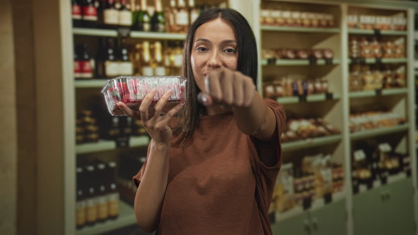 Young brunette woman holding strawberries and pointing fist inside building; confidence healthy choice snack.