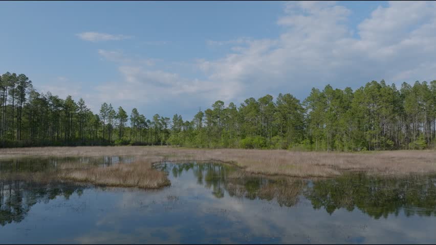 Aerial footage in southeastern North Carolina during the spring on a partly cloudy day