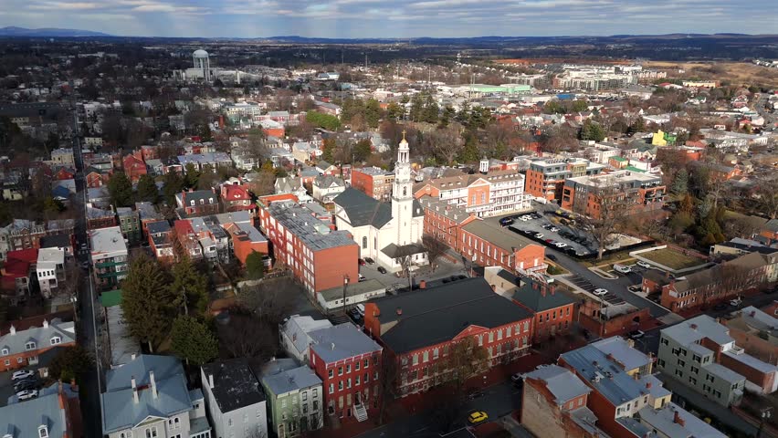 Top view of church tower among residential blocks in Maryland