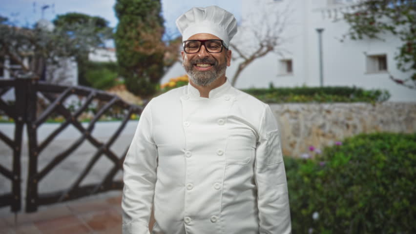 Man in white chef uniform and hat smiling and waves hand at building entrance by garden gate; friendly greeting.