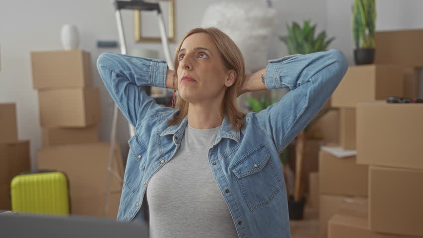 Woman wearing denim jacket and grey tshirt with hands behind head amid packed moving boxes in building; moving relocation relief.