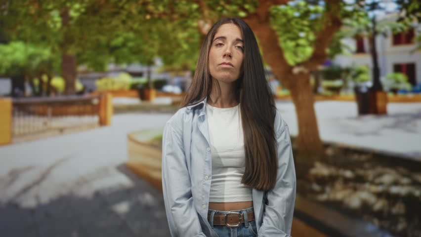 Woman pouting with hands clasped and visible midriff in a casual shirt and jeans on a street lined with trees and benches; resignation disappointment.