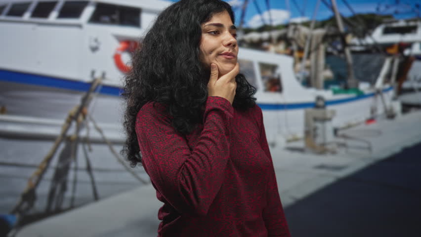 Young brunette woman in a red sweater with hand on cheek for toothache beside moored boats at a street dock near water; pensive reflection.