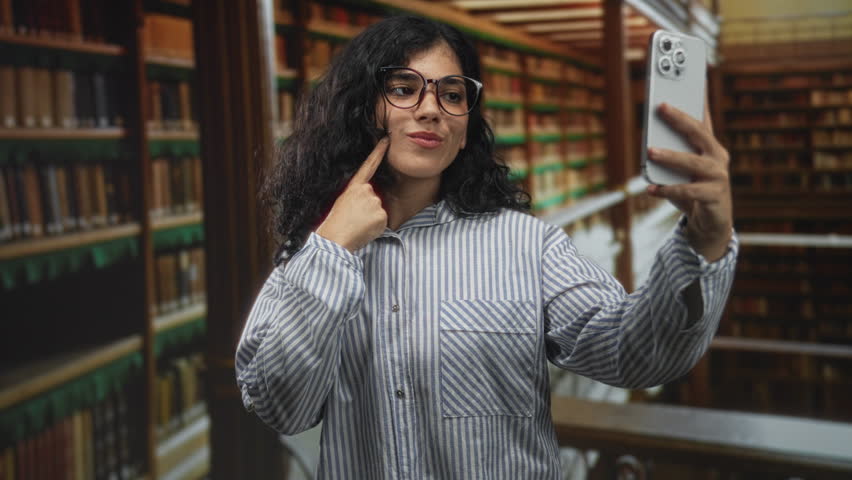 Young woman holding smartphone and making finger heart gesture in building library; self expression confident.