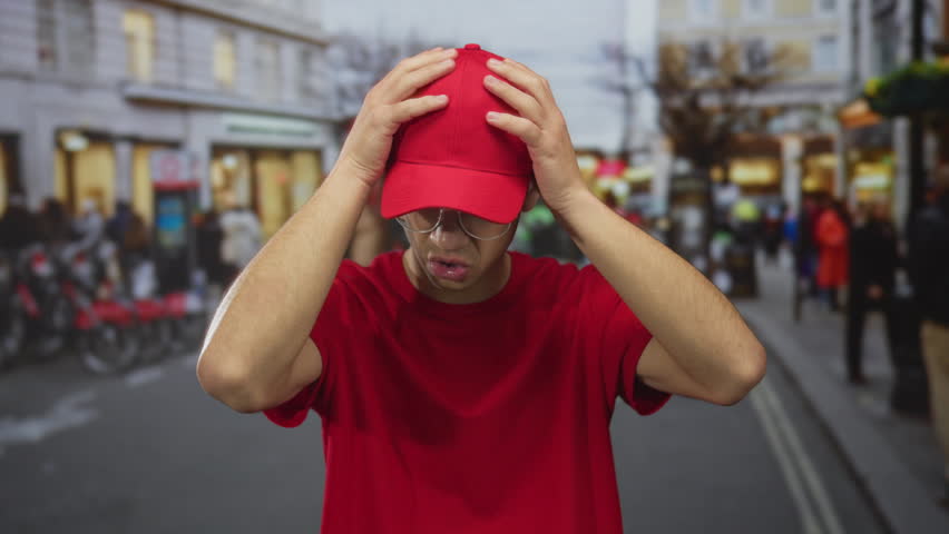 Man holds head with both hands on a busy urban street scene featuring blurred traffic while wearing a red courier uniform; stress.