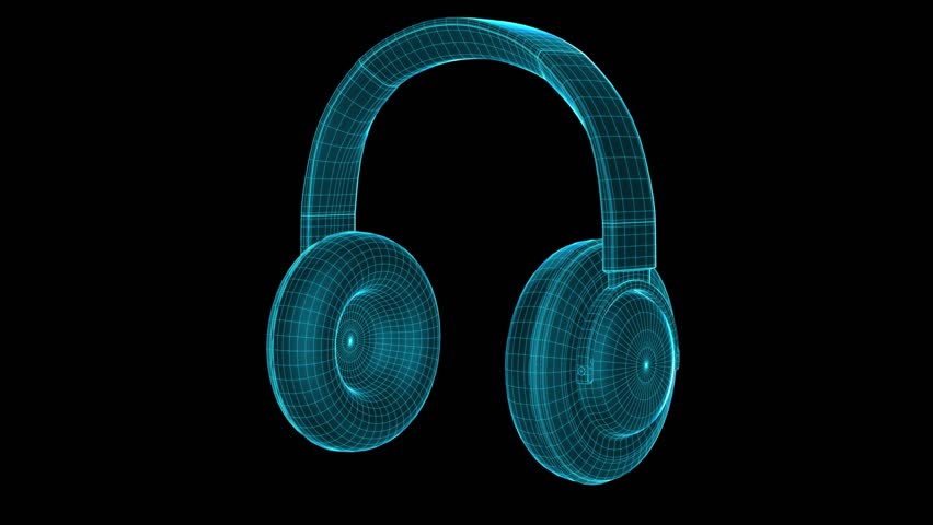 3d rendering of headphones audio headset in style futuristic grid virtual. Loop rotation on black.