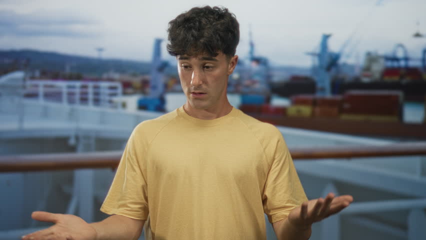 Young hispanic man shrugging with palms up and bare hands on a cruise ship deck railing building at port; uncertainty.