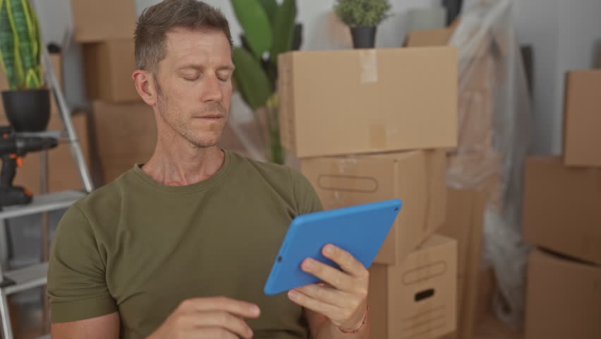 Man holding blue tablet with finger pointing to tablet in building, surrounded by moving boxes and ladder; determined planning.