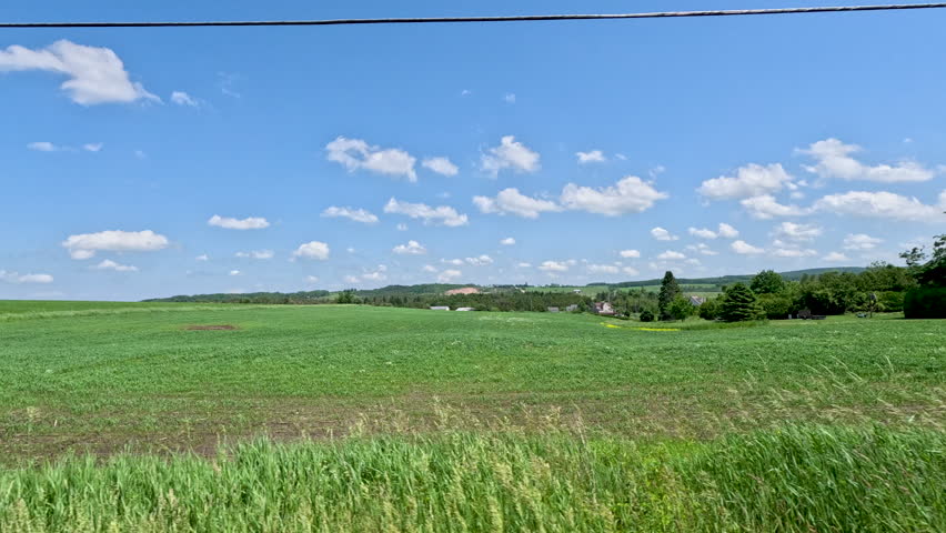 Rolling Agricultural Fields Under Summer Sky in Northern Michigan, USA. A wide-angle view of expansive, lush green farm fields and rolling hills under a bright blue sky with scattered white clouds in rural Northern Michigan, USA.