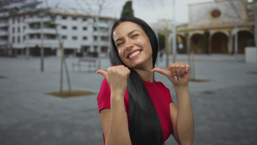 Woman smiling in red shirt with long hair pointing to herself on a city street with buildings in the background under a cloudy sky.
