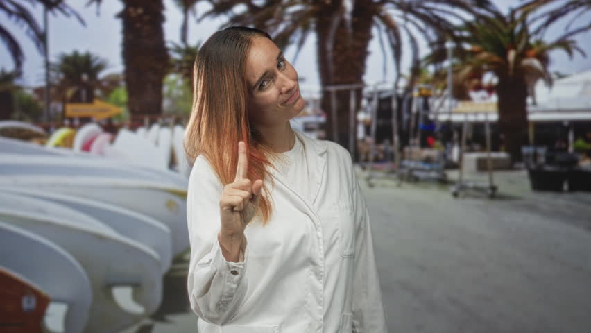 Woman young redhead in white coat pointing index finger up on a beach street lined with surfboards and palm trees, slight smirk on her face; warning.