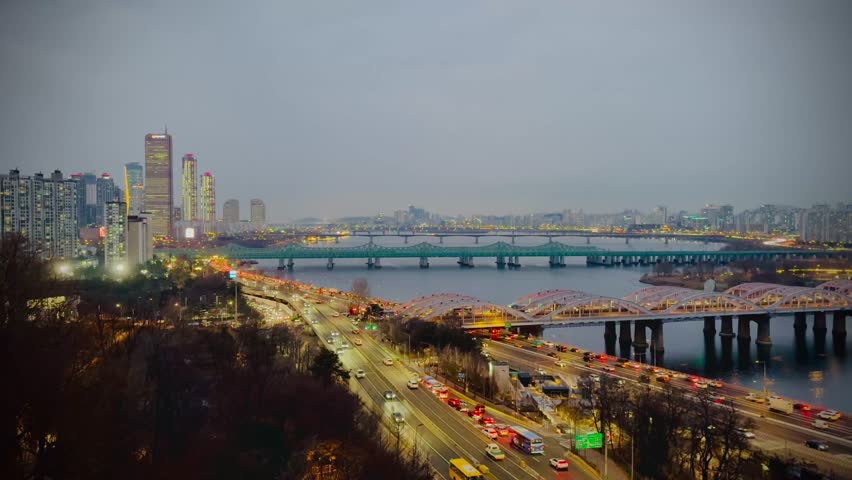Beautiful Seoul City Nightscape With Glowing Skyscrapers And Traffic Lights 4K Cinematic Video