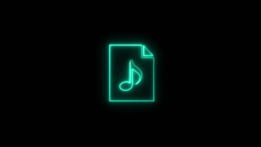 Neon music folder icon animation on a black background. Glowing blue neon folder icon with musical note.