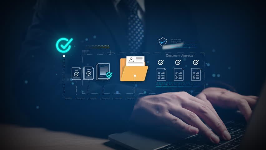 Hands typing on laptop with virtual document approval interface, representing secure digital workflow and paperless business automation system, and verified digital documents concepts.