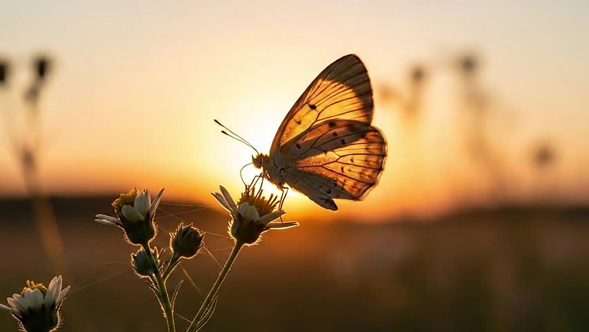 A beautiful butterfly resting on a delicate wildflower during golden hour at sunset. Warm backlight illuminates the translucent wings, creating a soft, peaceful, and cinematic atmosphere. Ideal for nature storytelling, freedom concepts, transformation themes, environmental visuals, mindfulness content, and inspirational backgrounds.