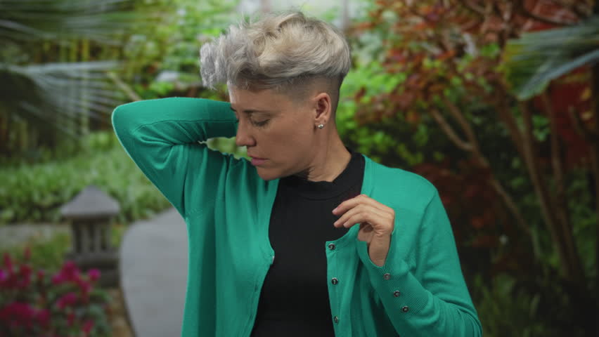 Woman wearing green cardigan touches neck and tilts head with closed eyes on a forest path; discomfort.
