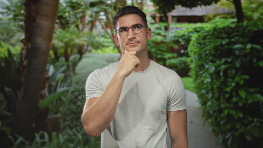 Man holding hand to chin and pointing finger on a park path, wearing glasses and white t shirt; thoughtful reflection.