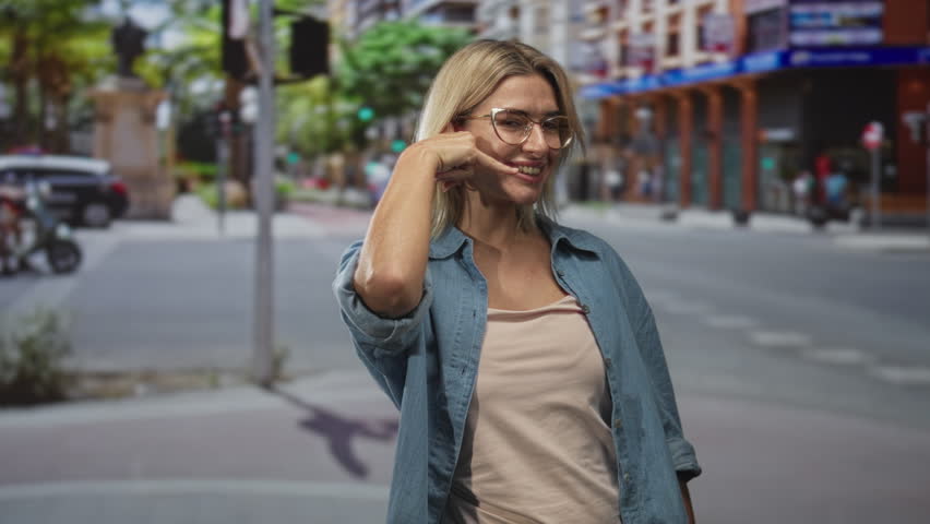 Woman making a call gesture with her hand on a busy street, wearing glasses and denim shirt; playful daydream.
