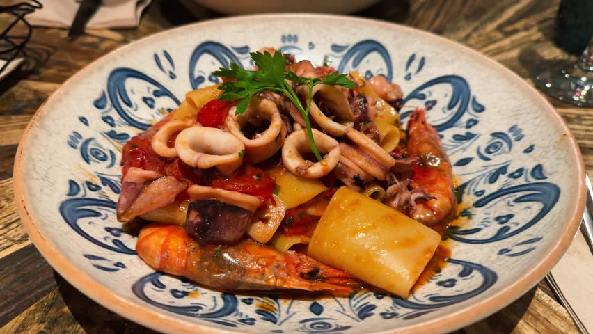 Mezzi paccheri pasta with seafood, squid, large shrimp in a tomato sauce with herbs, close-up. High quality 4k footage