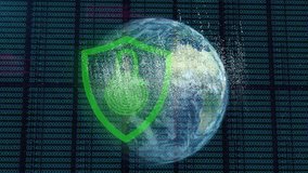 Animation of nft, digital shield with padlock and globe over data processing on black background. Data processing, global network, digital safety and technology concept digitally generated video. - Powered by Shutterstock - Get 15% off with code: PIKWIZARD15